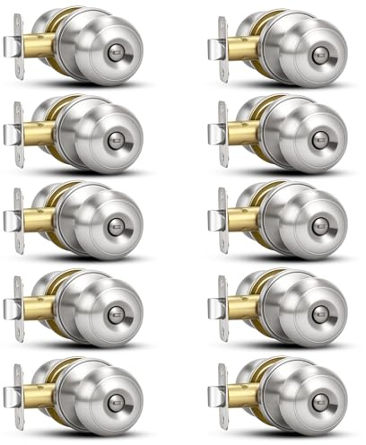 Plustool 10 Pack Brushed Nickel Door Knobs,Privacy Door Knob with Lock, Interior Doorknobs Silver, Keyless Door Locks Set for Bedrooms Bathrooms, Reversible for Left/Right Door Handle