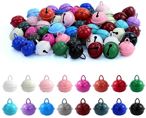 Lote de 55 campanas de metal de colores con ojal, adornos pequeños campanas, cascabeles de metal, 22 mm, para manualidades, joyas, decoración de festival