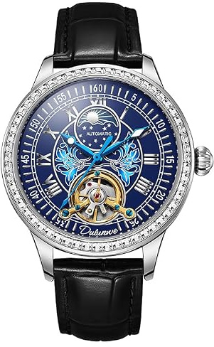 W WOLF-CUB herrklockor vattentäta månfas herrklockor automatisk mekanisk klocka Tourbillon klocka rostfritt stål/läderrem herrklockor, Svart och blått läder, Sport och affärer