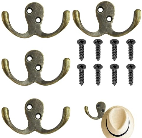 JORcadis 4 Pcs Antique Brass Coat Hooks with 8 Screws, Double Hook Design Brass Coat Hook, Door Hooks Screw in for Wall Mounting, Heavy Duty Metalhook for Coats Hats Bags Hanging