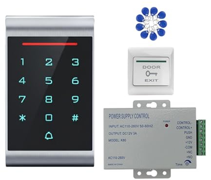 Kit di controllo accessi RFID doppia frequenza (ID + IC/NFC) con tastiera numerica retroilluminata IP68, alimentatore DC 12V 3A, pulsante di uscita e 10 badge RFID 125 kHz(3)