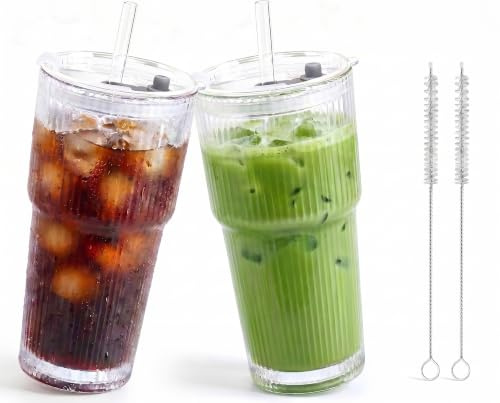 Fuerdich Glass Tumbler with Straw and Lid, 600ml Glass Cups Iced Coffee Cup Thickened Ribbed Glasses for Iced Coffee, Smoothie, Juice & Cold Drinks [2 Pack]