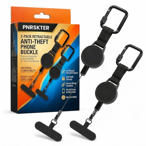 Pnrskter 2-Pack Retractable Phone Lanyard - Anti-theft Mobile Phone Strap with 60cm Steel Cord and Secure Metal Locking Carabiner, Anti-loss Retractable Keychain for Daily Work, Hiking, Skiing, Black