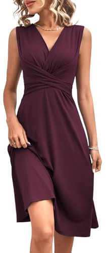 makabaky Robe Portefeuille Femme Col V sans Manches Midi Élégante Chic | Mariage, Invitée, Soirée, Cocktail, Cérémonie, Plis Cintrés, Fronces, Coupe A, Taille Haute, Été, Plage