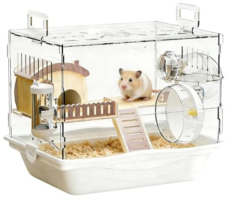 Hamsterkäfig XXL Acryl Transparent 2 Etagen - Inkl. Laufrad & Haus, Nagerheim für Zwerghamster & Mäuse, Weite Tür für einfache Reinigung, 360° Rundumsicht Beobachtungskäfig, Modernes Design