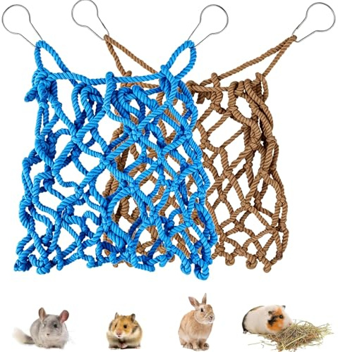 2 Couleurs Sac d'alimentation en Foin pour Lapin, Mangeoire à Foin pour Cobayes, 35 x 28 cm, avec Crochets Métalliques, Suspendu pour Lapin, Chinchilla, Hamster, Petit Animal de Compagnie