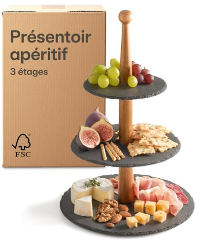 Praknu Expositor de Tapas de 3 Niveles en Pizarra y Madera de Acacia 𝗙𝗦𝗖® – Soporte Redondo para Postres, Frutas y Tartas – Perfecto para Fiestas y Decoración