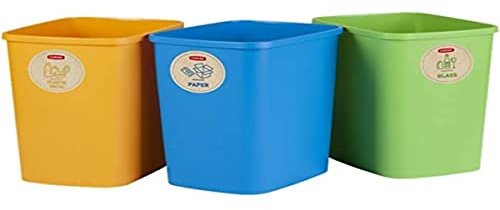 CURVER Eco Friendly Set di 3 Contenitori Raccolta Differenziata Sistema di Separazione dei Rifiuti Colori e Etichette Speciali(3 x 9 L)