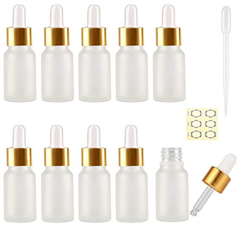 Alledomain 10Pcs, 10ml Frosted Glass Bottles with Dropper Pipettes, Mini Empty Dropper Bottles Golden Metal Cap Refillable Sample Container for Essential Oil/Aromatherapy Blends/Chemical Liquid