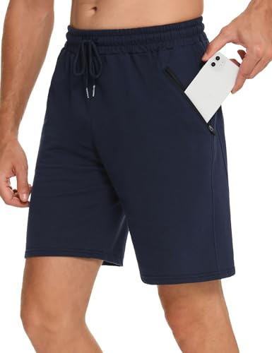 Wayleb Kurze Sporthose Herren Sommer Baumwolle Shorts Leicht Sporthose Gym Kurz Hosen Einfarbig Sweathose Jogginghose mit Reißverschlusstasche, Blau XXL