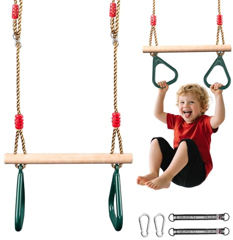 Lischwert Multifunctional Children's Wooden Height Adjustable Trapeze Swing with Plastic Gymnastics Rings for Hanging Maximum Load 150 kg