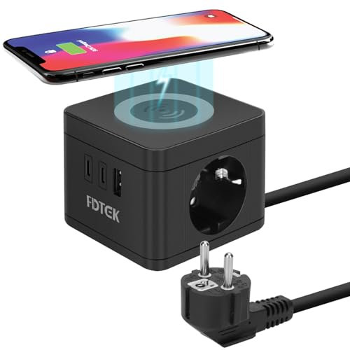 FDTEK Multipresa Cubo con Ricarica Wireless, Ciabatta Elettrica con 2 Prese EU e 2 USB C + 1 USB A, Multipresa Elettrica con Interruttore, Cavo 1.5 m, Adatto per Viaggi, Casa, 2500W/10A