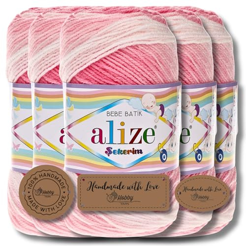 Hobby YARN 3x Etikettenlabel mit Alize Sekerim Bebe Batik Wolle Premium 5x100g als Set, Yarn, Garn, Strickgarn, Farbverlauf, Babywolle zum Häkeln, Stricken, Kleidung, Schals (2126)