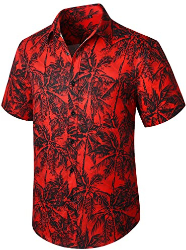 Red Hawaiian Shirts for Men Tropical Aloha Shirt Short Sleeve Summer Casual Plam Beach Hawaii Shirt Coconut Tree Printed Burgundy Vacation Shirt
