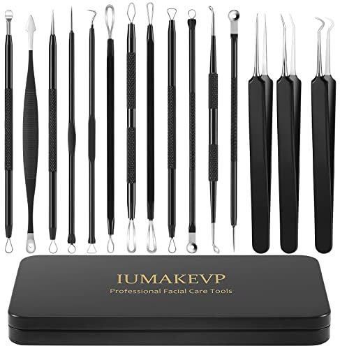 Blackhead Remover Tool Kit, IUMAKEVP 15 PCS Professional Stainless Steel Pimple Popper Comedone Extractor Tools for Removing Pimples, Blackheads, Zit on Face - Acne Removal Kit with Metal Case (Black)