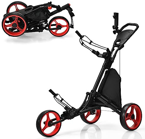 COSTWAY Carro de Golf de Empuje con 3 Ruedas, Carrito de Golf Plegable con Bolsa Recubierta en Aluminio, Tira elástica, Paraguas Regulable y Portavaso, Marcador y Freno de Pedal (Rojo)