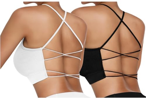 Vertvie Dam sport-BH vadderad crossback yoga sport bh, spagettiband, korsad ribbad bustier utan bygel, ventilerande bh med avtagbara kupor, 2 st: svart + vit, M