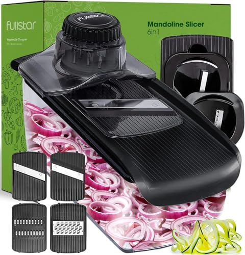 Kitchen Mandoline Vegetable Slicer - Mandoline Food Slice - Veggie Julienne Cutter & Cheese Grater - Potato Veg Slicer - Kitchen Tools & Gadgets (6-in-1 Black)