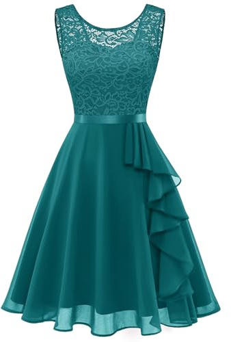 Berylove - Vestito da cocktail elegante con orlo di volant da donna, per matrimonio, vestito da sera corto, Verde pavone, L