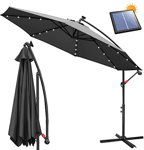 Ansobea Ampelschirm 300 cm mit Solar-LED, Sonnenschirm Gartenschirm mit Kurbel und Kreuzfuß, UV-Schutz 50+ Polyester, wasserabweisend, mit Lüftungsöffnung, für Terrasse und Garten,Anthrazit