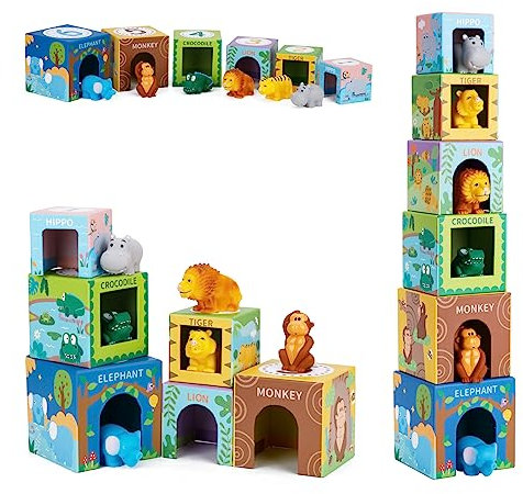 KMTJT Baby Stapelturm und Stapelwürfel ab 1 Jahr, Tier Montessori Spielzeug ab 1 2 3 Jahr, Geschenk für 1 2 3 Jahre Kleinkinder Junge Mädchen, BPA-frei, Turm mit Niedlichen Tiermotiven