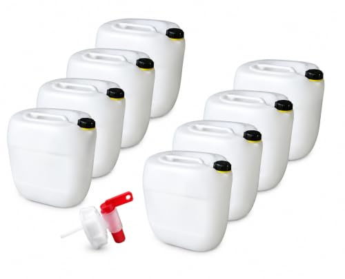 kanister-vertrieb® 8 Stück 30 L Kanister Wasserkanister Kunststoffkanister natur DIN61 + Hahn + Etiketten