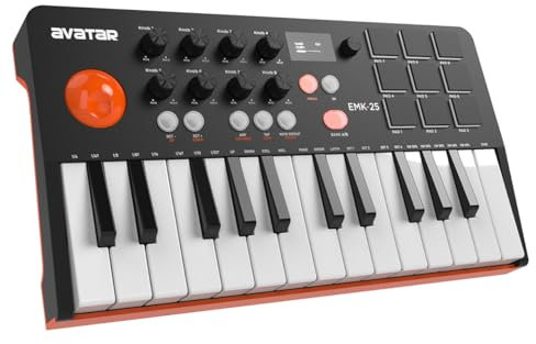 HXW Portable Bluetooth MIDI Keyboard Controller, With 25 Key, 9 Backlit Beat Pads, OLED Display, 8 Knobs, Software Included, USB Powered/Battery Operation