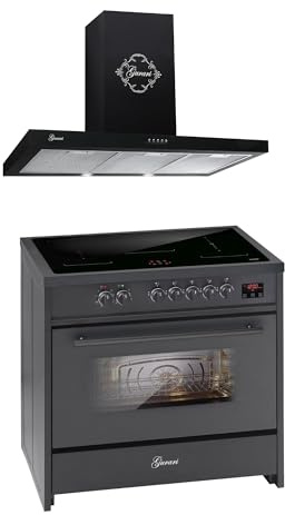 GURARI Induktions-Standherd E 913 BL + GCH 461 BL 9, Range Cooker 90 cm/FLEX ZONEN/ 5 Zonen / 121L + Dunstabzugshaube 90 cm