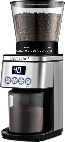 AMZCHEF Kaffeemühle Elektrisch | Individuelles Schleifvolumen und 30Mahlgrad Einstellbar | Elektrische Kaffeemühle mit 300g großem Trichter Antistatisch | Leise Kaffeemühle Kegelmahlwerk mit LCD