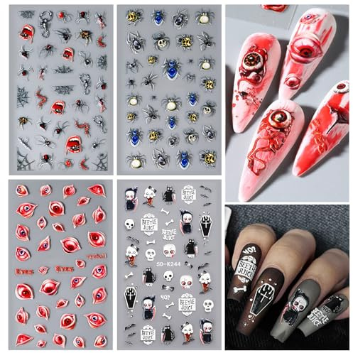 Nagelsticker Halloween, 5D Stereoskopische Selbstklebende Nagelaufkleber,Kürbis Geister Spinne Schädel,DIY Maniküre Aufkleber für Halloween