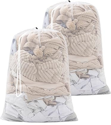 2 Sacchetti per Bucato in Rete Bianca, Lavanderia e Lavatrice - Delicati, Con Coulisse (60 x 90 cm)