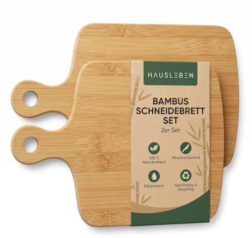 hausleben Bambus Schneidebrett mit Griffloch 2er Pack – 25x17,5 cm | Robustes Holz Frühstücksbrettchen – Kleines Küchenbrett & Servierbrett für müheloses Schneiden & Vesper