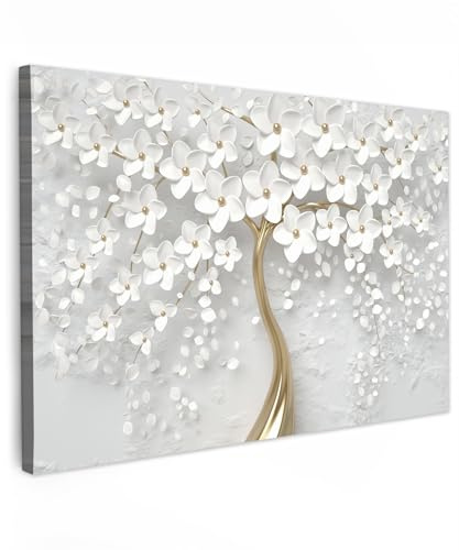 MuchoWow© Quadri Moderni Soggiorno Poster Da Parete Decorazioni Muro | 120x80 cm - Salotto Quadro Grande Foto Con Cornice Stampe Su Tela Camera Da LettoAlbero della vita - Fiori - Oro - Bianco