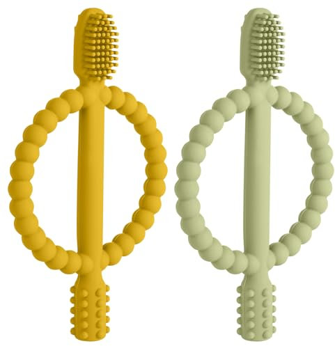 Aolso Baby Beißspielzeug, 2 Stück Kinderzahnbürste Zahnungshilfe, BPA-freies Silikon Säuglingszahnbürste, wundes Zahnfleisch zu stimulieren und zu massieren, ab 3 Monaten (Gelb/Grün)