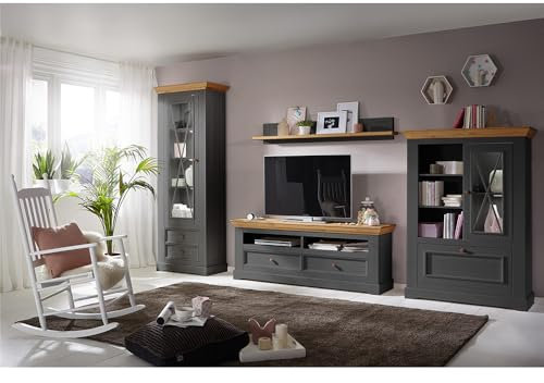 Lomadox Wohwand TV-Wand Kiefer grau mit Eiche 4-teilig Landhausstil, 1 Vitrine, 1 Lowboard, 1 Wandboard, 1 Highboard