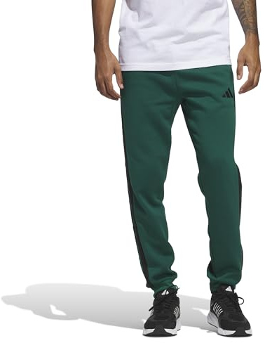 Adidas Homme Essential - Pantaloni in pile con tre strisce, colore: verde collegiato/nero, L