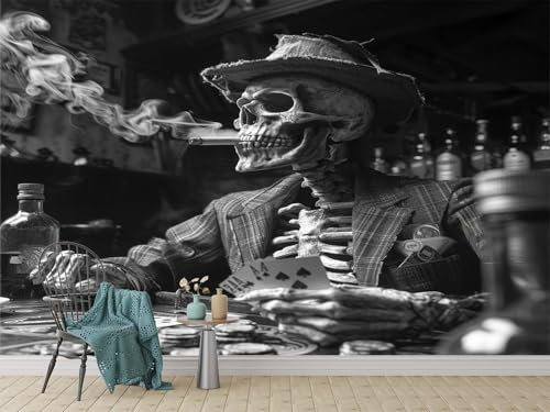 Tapete Wandbild 3D Fototapete Horror-Themen-Totenkopf-Spielkarten Schwarz Vliestapete Wandtapete Foto für Modernes Design der Fernseh Hintergrund Wand-Kunst-Deko, 350x256 Cm