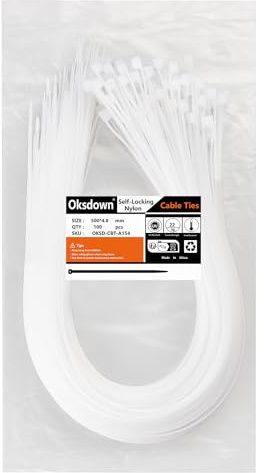 Oksdown 100 Stück 500mm × 4,8mm Weiß Kabelbinder mit 22 kg Zugfestigkeit UV-Beständig Lang Nylon Kunststoff Selbstsichernder Multifunktionaler Cable Zip Ties