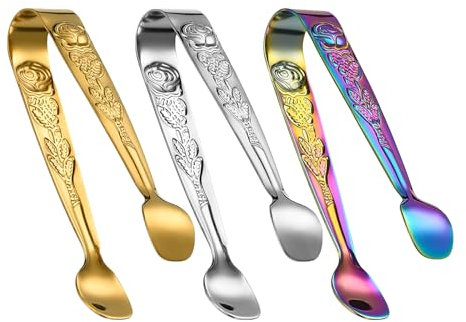 ZYHUI Ice Tongs Stainless Steel Sugar Tongs 3 PCS Mini Tongs for Food Small Metal Tongs with Embossed Rose Flower Serving Tongs for Ice Cubes Lemon Slices Biscuits (Gold, Silver, Multicolour)
