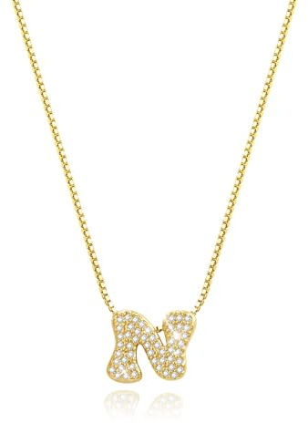 Personalisierte Kette mit Buchstaben Anhänger, Klein Halskette Damen Gold Statement Kette Damen mit Bling Zirkonia Choker Kette Gold, Geschenke für Frauen (N)