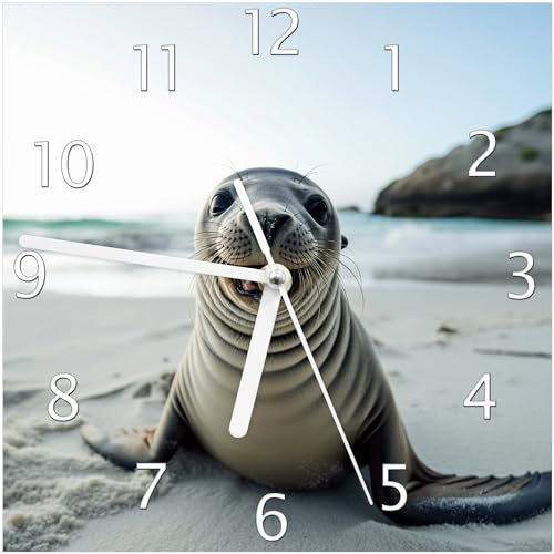 Wallario Design-Wanduhr Robbe am Strand aus Glas, Motiv-Uhr Größe 20 x 20 cm, weiße Zeiger