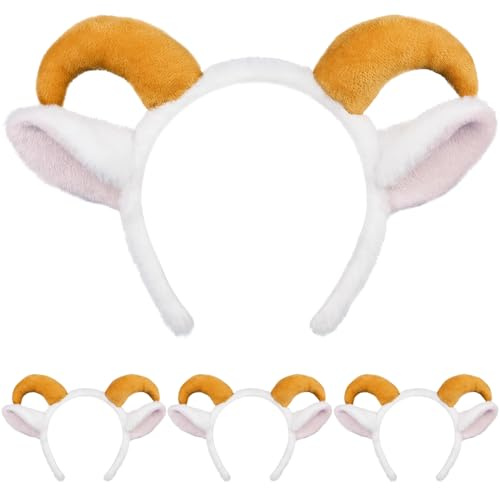 Beviliu Goat Ears Headband with Ram Horns, Animals Ears and Horns Headband, Sheep Ears Custome Headwear for Halloween Christmas Birthday Theme Cosplay Party Washing Face