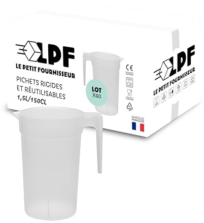 LPF LE PETIT FOURNISSEUR - Lot de 60 Pichets réutilisables 1,5 Litre - Polypropylène plastique alimentaire rigide - Carafe à eau, thé glacé, boissons - Compatible lave-vaisselle - Transparent Givré