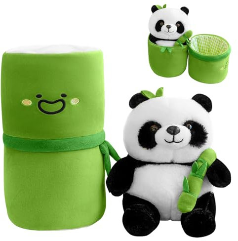 TIVUNORON Panda Plüschtier mit Bambus, Panda Puppe Spielzeug, Süße Pandabär mit Bambus Puppen Plüsch Spielzeug, Kinder Plüschpuppe Spielzeug, 26cm