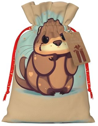HJLUUFT Jutebeutel mit süßem Otter-Druck, Weihnachts-Geschenktüte mit Kordelzug und Geschenkanhänger, für Hochzeit, Weihnachten, Party