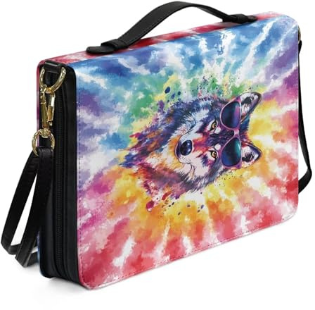 Kuiaobaty Bibelschutzhülle mit Schulterriemen, Motiv: Aquarell, Wolfsmuster, Regenbogen-Batik-Druck, Kunstleder, Buchhülle, christliches Geschenk für Männer und Frauen