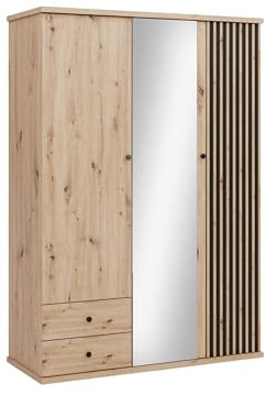 Mirjan24 Kleiderschrank mit Spiegel Weren WE23, Drehtürenschrank mit 3 Kleiderstangen und Einlegeböden, gedämpftem Schließsystem, Garderobenschrank (Artisan/Schwarz + Artisan Lamellen)