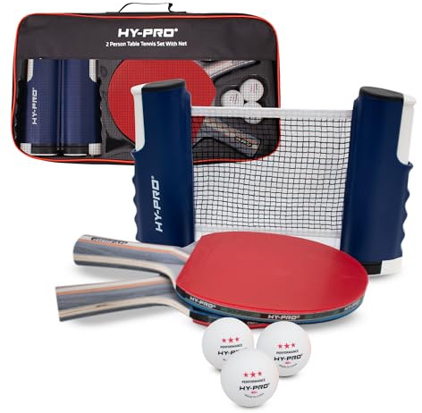 Hy-Pro Bärbart bordtennis-set – med utdragbart nät upp till 170 cm, 2 klubbor, 3 bollar, bärväska, 3-stjärniga bollar, för barn och vuxna, inomhus och utomhus, bordtennis-set