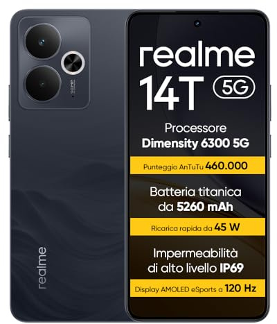 realme 14T 5G teléfono Inteligente de 8 + 256 GB, Procesador 5G Dimensity 6300, Batería de 6000 mAh, Carga rápida de 45 W, Pantalla AMOLED para Esports de 120 Hz, IP69, NFC, Negro T(sin Adaptador)