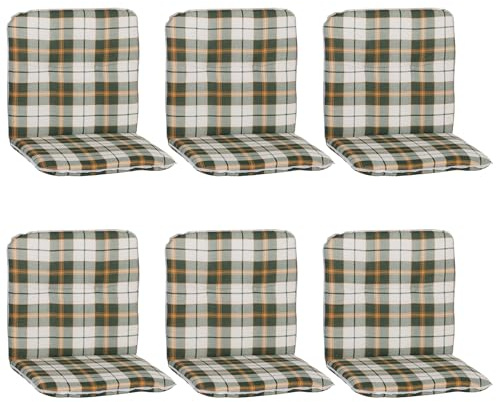 NYVI Niedriglehner Auflagen Hawaii 6er Set - 96x47 cm Grün Orange Weiß Kariert - Gartenmöbel Auflage mit 5 cm Polster und Gummi-Halteband
